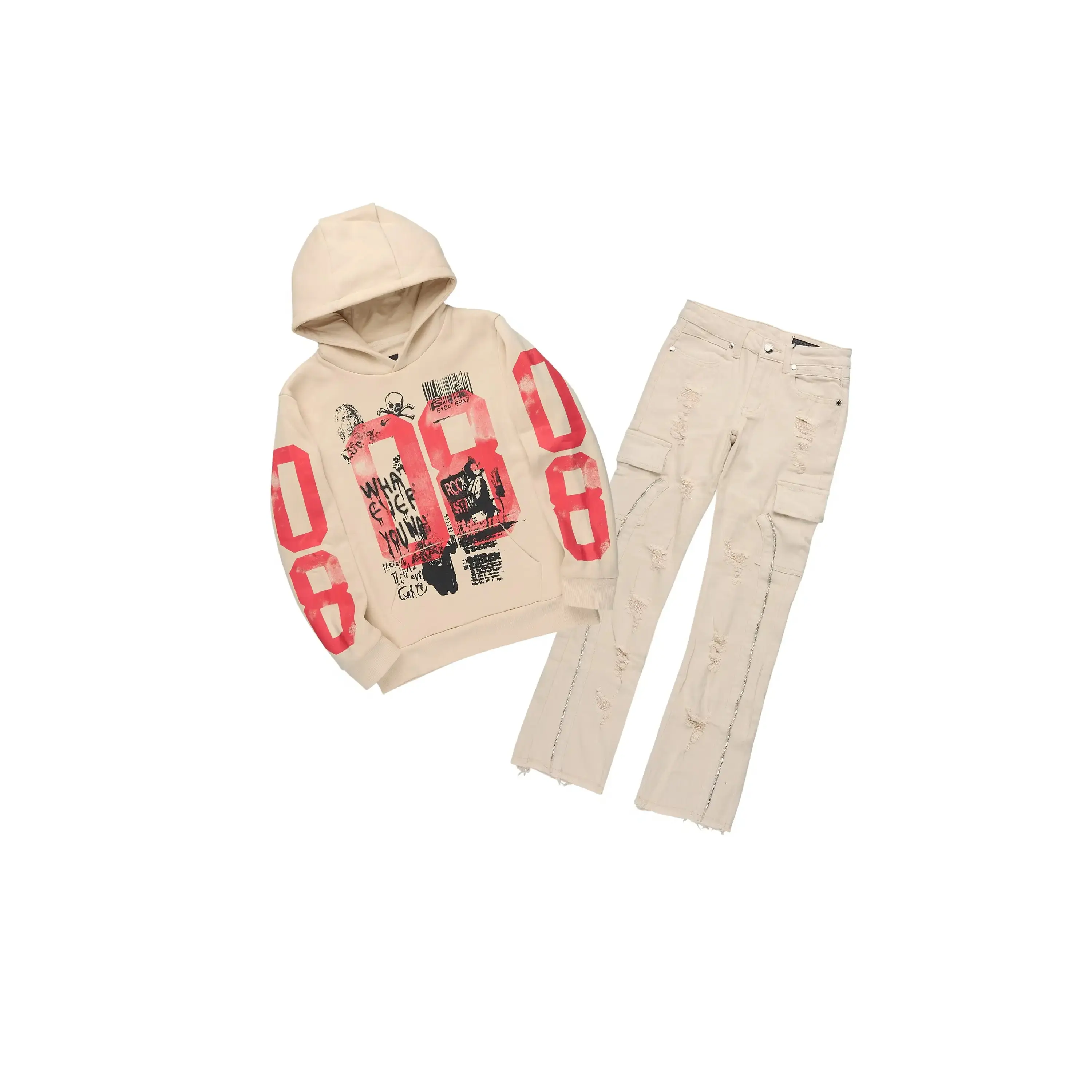 Boys Beau Beige Hoodie/Stacked Jean Set