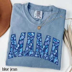 Mama Comfort Colors Shirt Custom Floral Blue Flower Tee Mom T-shirt Mother's Day From Daughter TShirt Blue Toile Spring Pregnancy Reveal