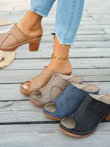 Open-Toe Mule Clogs with Pattern Detail - Block Heel Footwear for Casual Wear and Daily Styling