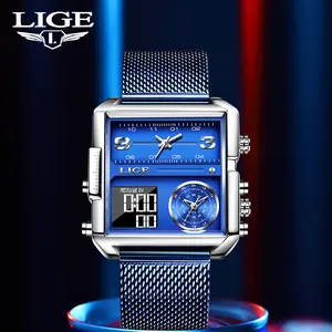 LIGE Square Men's Quartz Watch: Features Digital Display and 24-Hour Sub-Dial, 30m Water Resistance, and Nighttime Luminous Function.