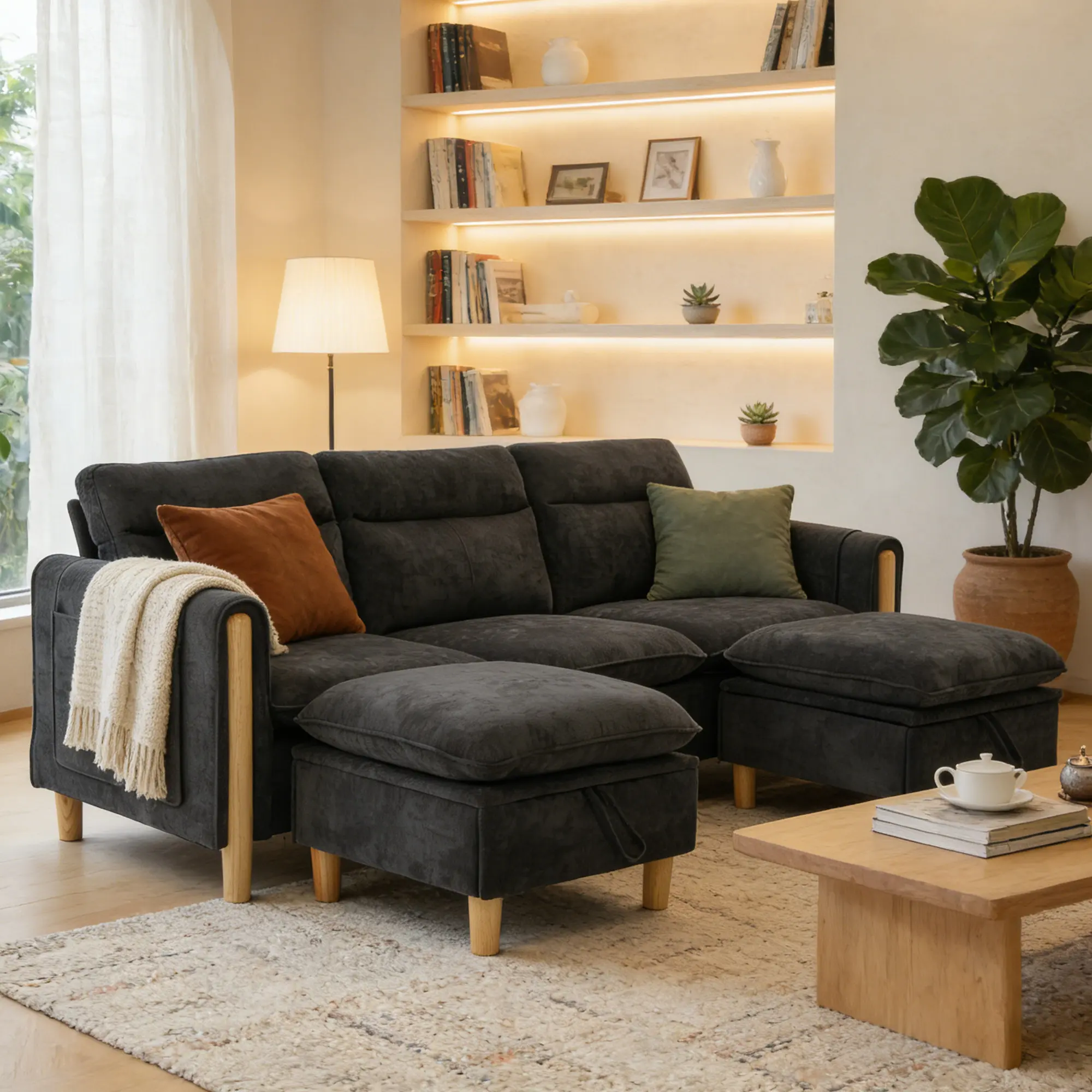 Cloud Plush 79.5" Full Length 3-Seater L Shaped Chenille Sectional Sofa with Storage Ottoman, Optional 1 or 2 Lift-Top Storage Footstools, Solid Wood Frame Modular Couch with Side Pocket for Tiny Living Spaces, Holds Up To 800 LBS