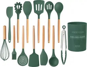 Silicone Kitchen Utensil Set, 14 Piece Non Stick Cooking Utensils with Wooden Handles, Heat Resistant Kitchen Tools Set (Green)