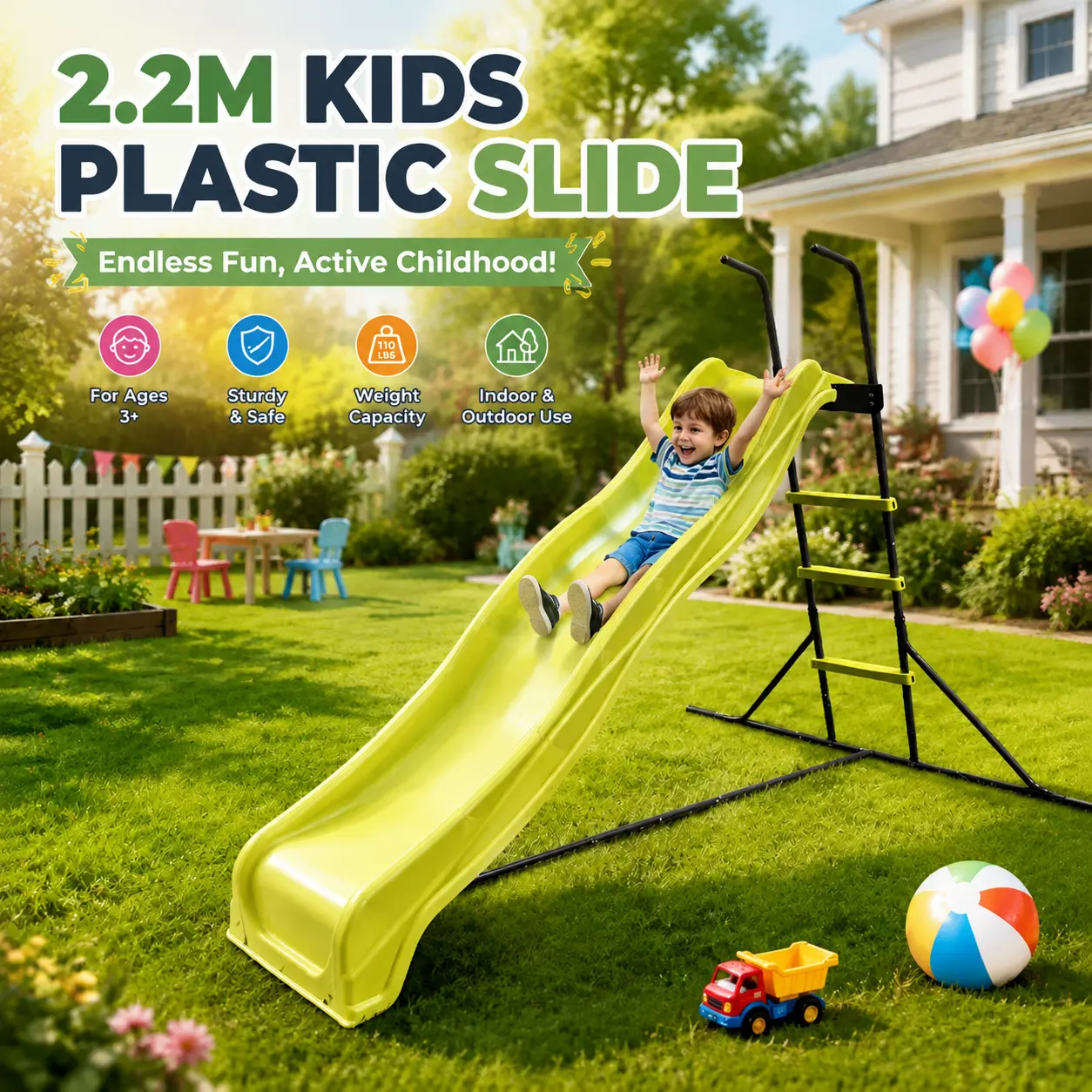 2.2M Kids Plastic Slide for Indoor & Outdoor Play, Freestanding Toddler Slide Playground Equipment, Green Kids Slide for Backyard Fun, Active Play Toy for Children& toddle