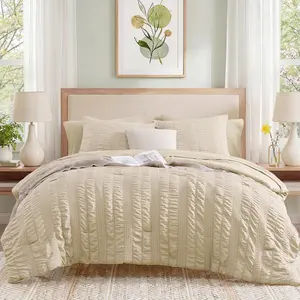 Queen Comforter Set, 7 Pieces Beige Seersucker Bed in a Bag Queen Size Soft All, Bedding Sets with Comforter, Flat Sheet, Fitted Sheet, 2 Pillow Shams, 2 Pillowcases