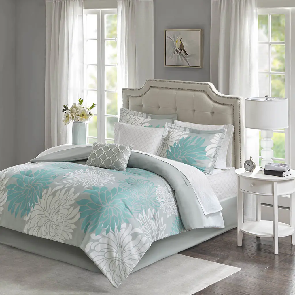 REGENCY HEIGHTS Madison Park Essentials Maible Complete Bedding Set, Aqua Floral Comforter, Cotton Bed Sheets, Ultra Soft Microfiber Shams, Solid Grey Bed Skirt, Anti-Microbial, Machine Washable Floral Bedding, Bedding Sets