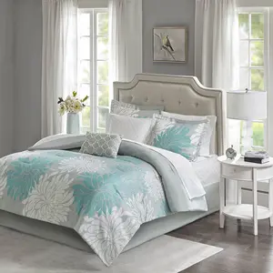 REGENCY HEIGHTS Madison Park Essentials Maible Complete Comforter Set with Cotton Bed Sheets Aqua Floral Design Ultra Soft Microfiber Shams & Solid Grey Bed Skirt Anti Microbial Treatment Machine Washable