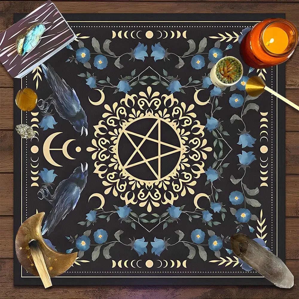 Black Raven Gothic Pentagram Design Square Tarot Tablecloth, Witch-style Magic home decor Altar Cloth Multiple Sizes Polyester Fabric, Easy to Clean and Maintain Decorative Divination Cloth for Spreads & Rituals Gift for family and friends