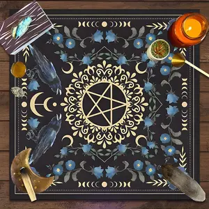 Black Raven Gothic Pentagram Design Square Tarot Tablecloth, Witch-style home decor Altar Cloth Multiple Sizes Polyester Fabric, Easy to Clean and Maintain Decorative Divination Cloth for Spreads & Rituals Gift for family and friends