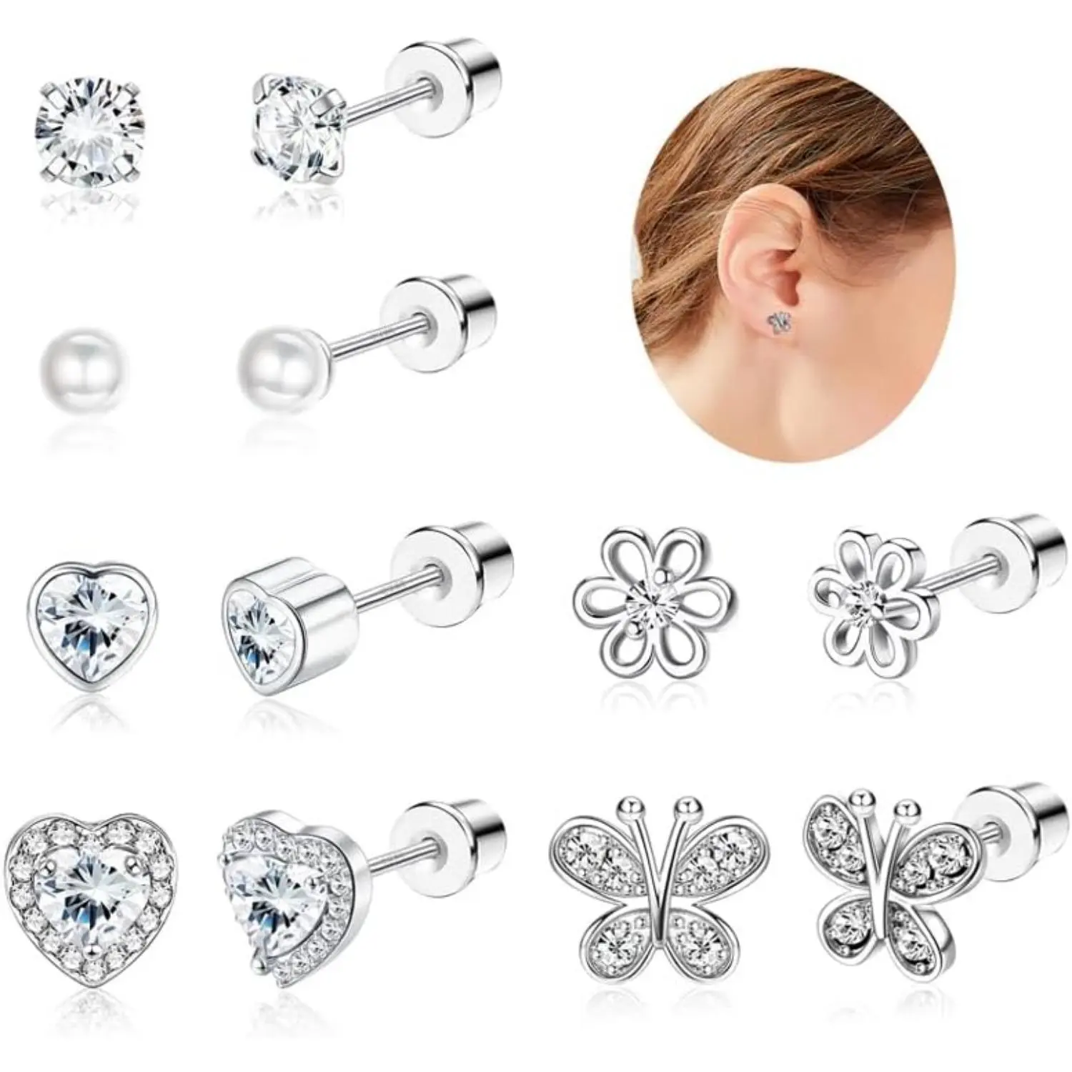 YADOCA Hypoallergenic Earrings for Girls Women S925 Sterling Silver Post Earrings Heart CZ Toddler Earring Pearl Butterfly Girls Earring Screw Back Earrings for Sensitive Ears(over 4 years old)