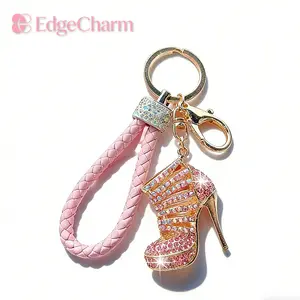 New Rhinestone High Heel Keychain with Braided Leather Strap, Luxury Bling High Heel Car Key Ring for Women
