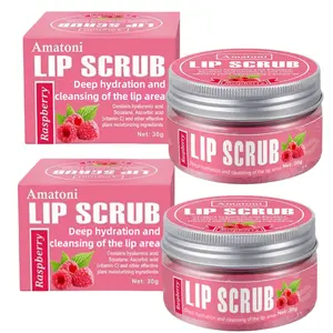 Amatoni Raspberry Lip Scrub Set 2PCS 30g Sugar Particle Formula for Deep Cleansing & Long Lasting Moisturization for Smooth Lip Skin Care