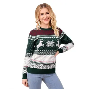 Womens Christmas Sweater 2025 for Winter Holiday Festive Jacquard Pullovers Classic Fair Isle Pattern Christmas Sweaters,Green - M