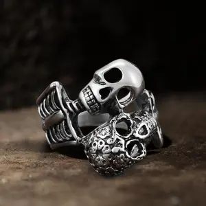GTHIC Punk Double Skulls Stainless Steel Ring Gothic Fashion Accessories for Daily Wear