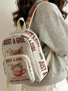 1pc Cat and Coffee Cup 'Love Cats Love Coffee' 2D Printed Women's Backpack, Velvet Texture + Layered Storage + Lightweight and Easy to Carry|Perfect for Students to Class/Shopping/Short Trips|Combining Atmosphere and Practicality