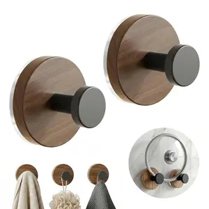 2 Pcs Walnut Wood Suction Cup Hook, No Drill Reusable Waterproof Wall Hook, Strong Hold for Towel Bag Hat, Smooth Surface Mount for Bathroom Shower Door Mirror Home Decor