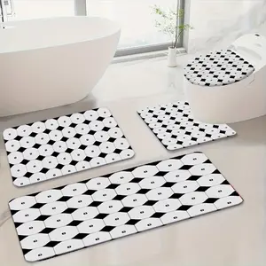 3/4pcs, Black And White Geometric Patterned Printed Mats, Non-Slip Bathroom Mat Set, Home Decoration (Flannel Material, 0.47inch Thick Sponge), Anti-Slip, Bathroom Carpet, Perfect for Home Use, Enhances The Bathing Experience, Soft Shower Mat