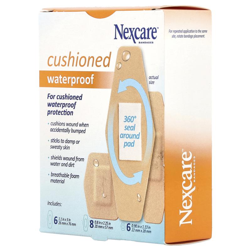 Nexcare Cushioned Waterproof Bandages, 20 Assorted Sizes