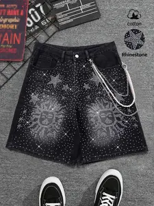 Men's Glittering Star Rhinestones Jean Shorts, Washed Vintage Full Rhinestone Loose Fit, Star Sun Pattern, Street Style Summer Party Wear, Streetwear
