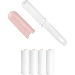 Mini Travel Lint Roller with Cover and 4 Refills Compact Sticky Roller for Clothes Travel Essentials for Pet Hair Removal Small Lint Roller for Purse Car (Pink)