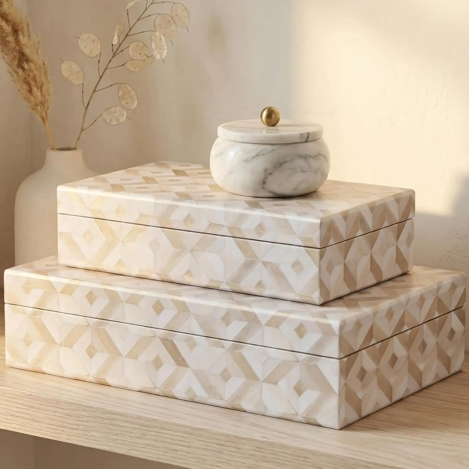 ZICOTO Luxury Retro Decorative Storage Boxes with Lids - Set of 2 Organizer Bins for Bookshelf Home Decor, Safely Storing Photos, Documents, Covered Memory Keepsakes in Style