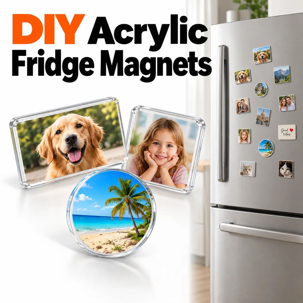 DIY Acrylic Photo Fridge Magnet Kit, Clear Custom Picture Magnets with Self-Adhesive Backing, 3 Shape Options for Refrigerator Decor, Personalized Gifts & Christmas Crafts