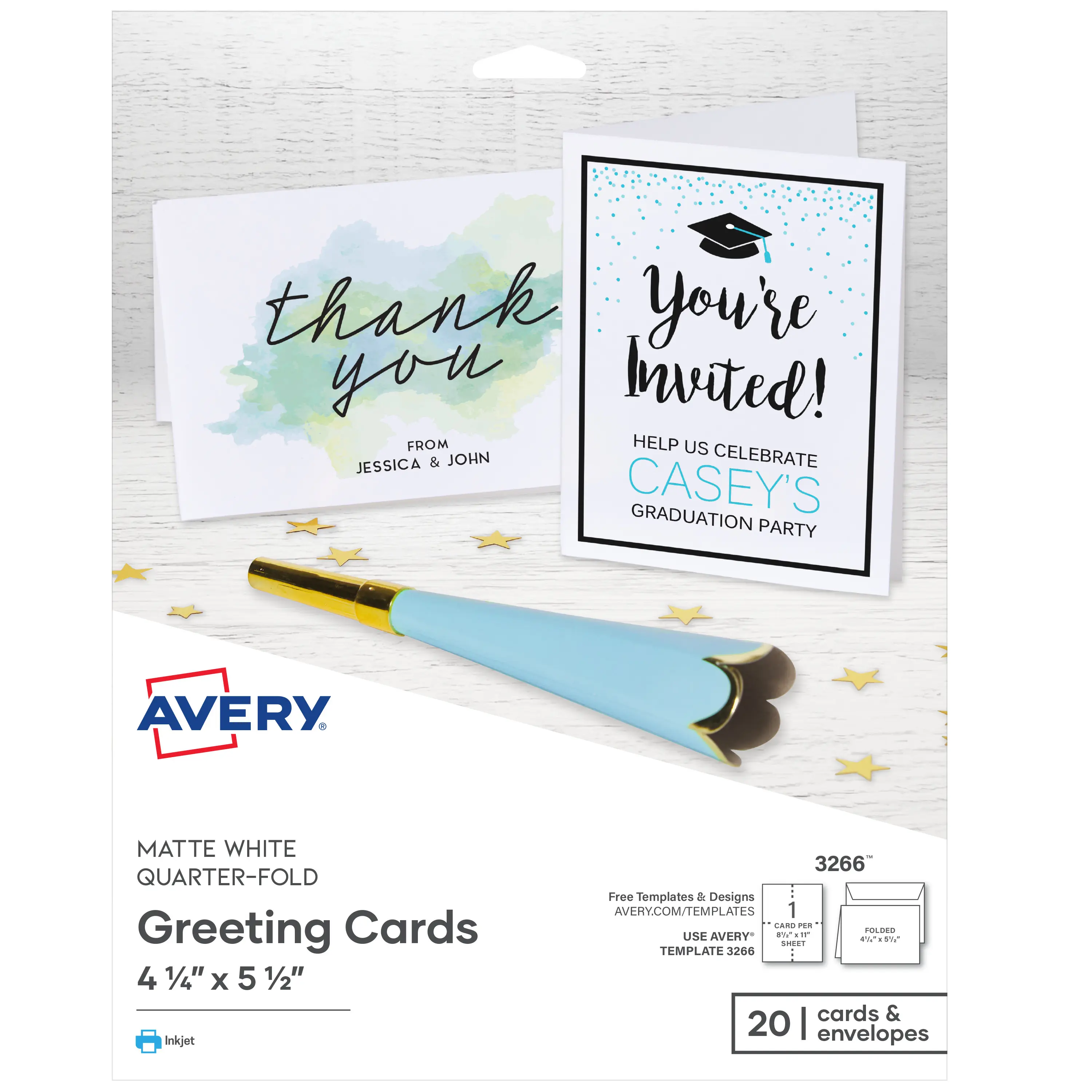 Avery Printable Quarter-Fold Greeting Cards, Envelopes Included, 4.25" x 5.5", Matte White, Inkjet Printer Compatible, 20 Blank Cards Total (3266)