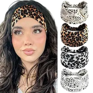 Headbands Wide Women's Head Bands Boho Headband Leopard Print Hair Band Knotted Head Wraps Stretchy Turbans Fashion Bandana Cute Hair Accessories For Women Girls 4 Pack