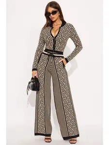 Stay Pretty Sweater Pant Set - Black/Combo Zip Up Jacket Wide Leg Pant Elastic Waistband Front Tie Stretch 33" Inseam