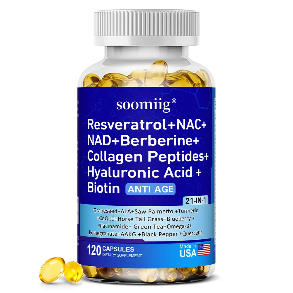 Soomiig 21-in-1 Multi-Nutrient Skin Health Beauty Supplement with NAD+, Resveratrol, Berberine, Collagen Peptides, Biotin, Hyaluronic Acid, NAC, CoQ10 & Antioxidant Support, Prop 65 Safe, 120 Capsules, Anti-Aging Hair/Skin/Nails Support, Anti-Aging Hair/S
