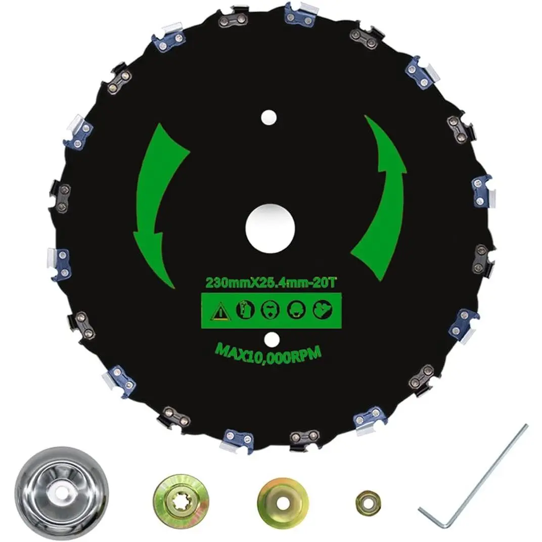 Carbon Steel Chainsaw Tooth Brush Cutting Blade Kit + Adapter, 9"/230mm Impact Resistant Saw Chain Blade for Trimmers, Weed Eaters, Max 10,000 RPM