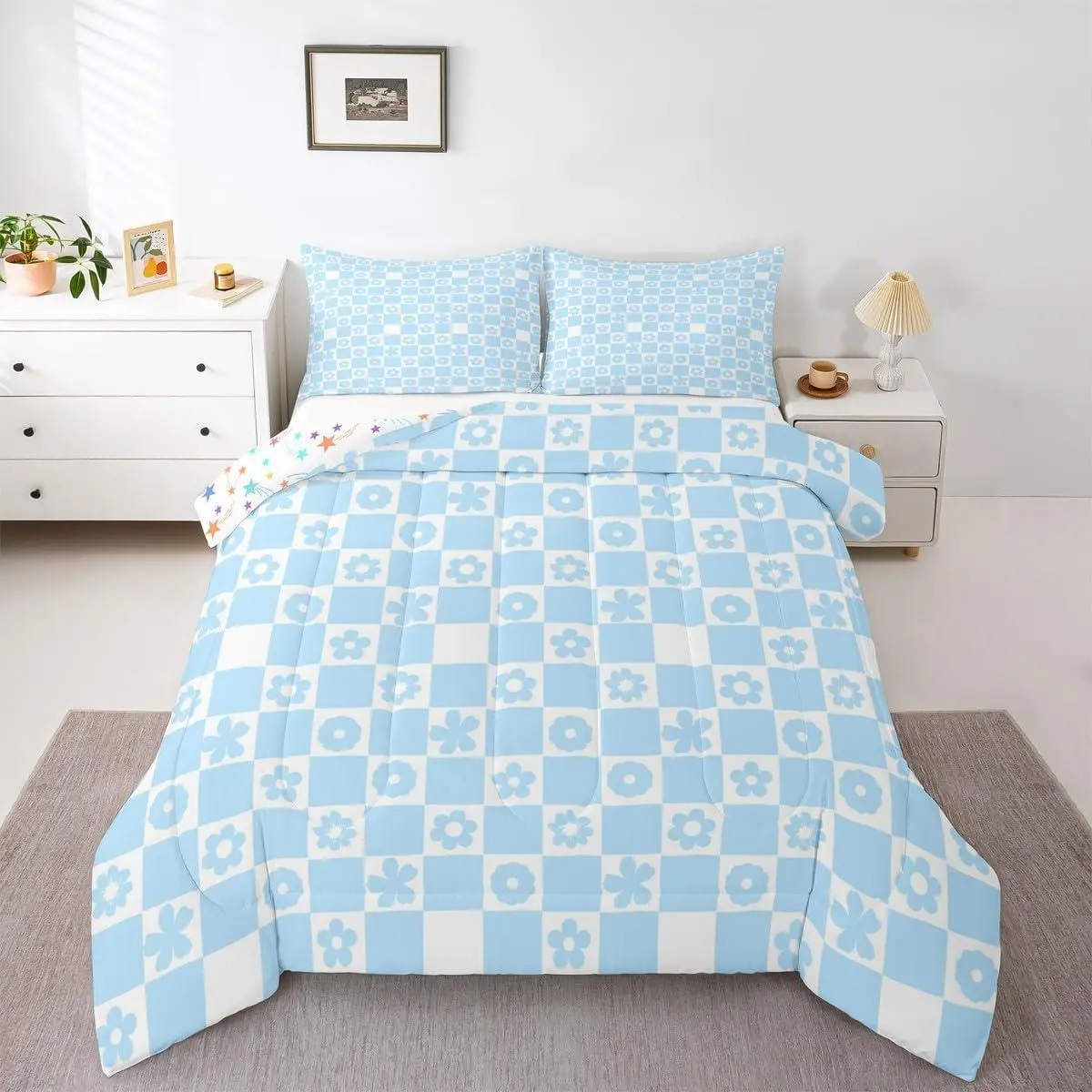 Blue Checkered Comforter Set Cute Florals Bedding Set Checkerboard Grid Duvet Quilt Bedroom Checkerboard Geometric Decor Microfiber Ultra Soft Breathable