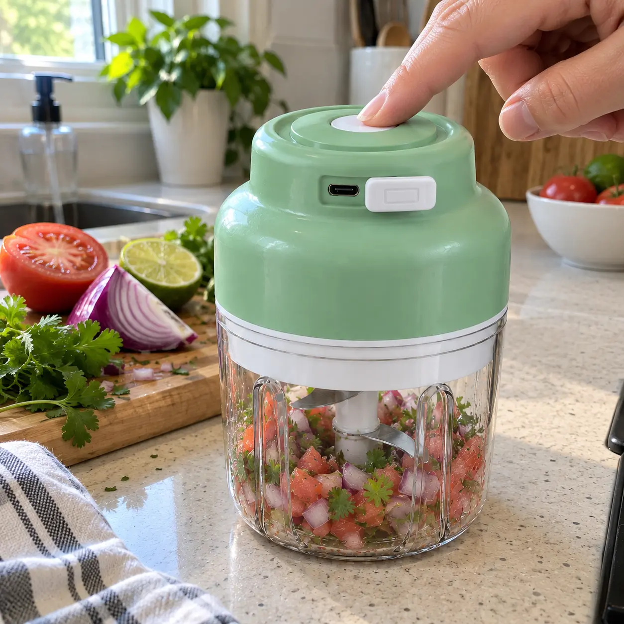 Mini Electric Food Chopper 320ml Rechargeable with 6 Stainless Steel Blades Cordless Garlic Vegetable Chopper for Onion Chili Ginger Nuts Meat