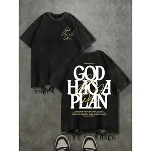 Men's vintage washed T-shirt, double-sided print with the words "God has a plan," casual street style