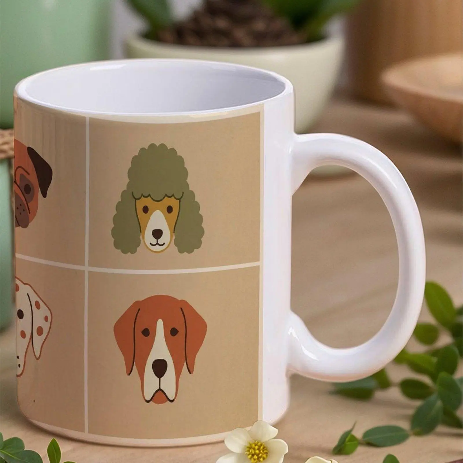 6-Pack 11oz Reusable Ceramic Coffee Tumblers, Round Washable Home Supplies Drink Cups with Retro Cute Cartoon Dog Illustrations, Durable Gift for Pet Lovers