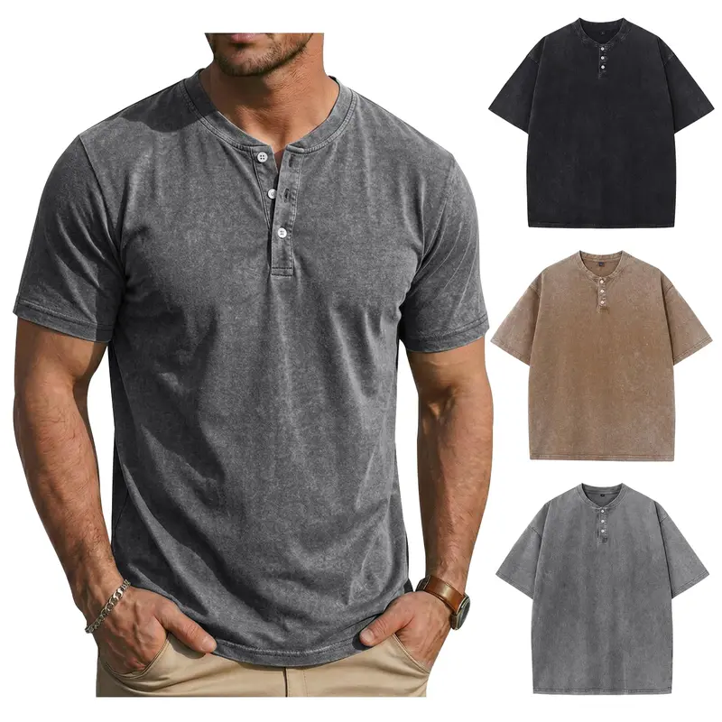 Gihuo 3-Pack Menwears Henley Shirts, 100% Cotton Acid Wash Short Sleeve T-Shirts, Vintage Casual Tees