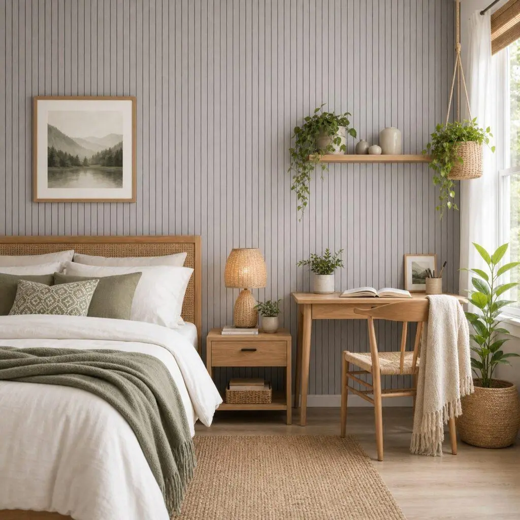 Silver Gray Linen Slat PVC 3D Wall Panel, Self-Adhesive Peel & Stick Decorative Wall Feature for Home Improvement Building Supplies