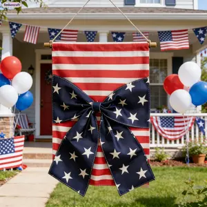 4th of July Garden Flag with Burlap Bow - Double Sided Patriotic Stars & Stripes Yard Decor, Memorial Day Welcome Sign, Outdoor Summer Party Decoration, Fade Resistant Linen Flag for Home House