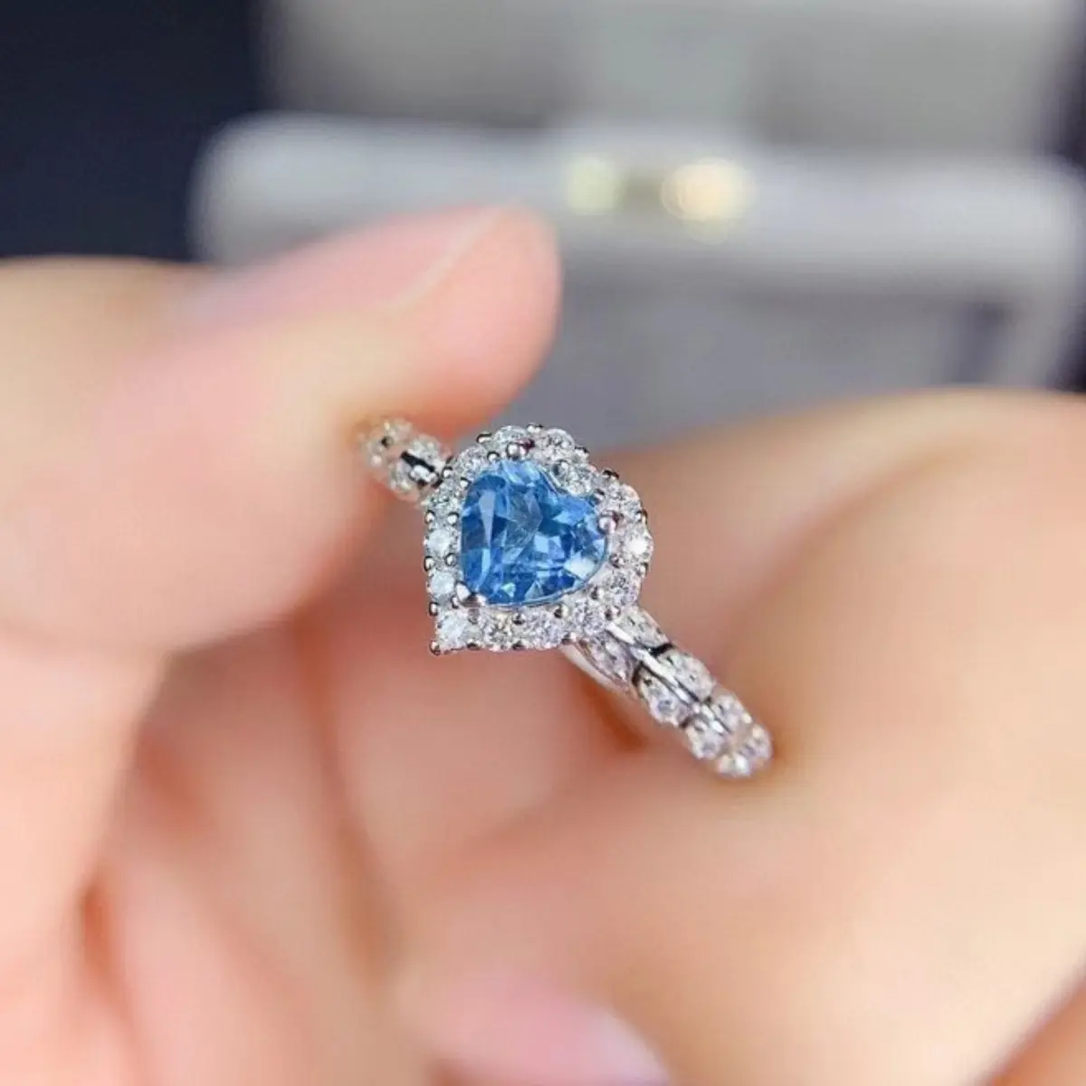 Love Shaped Sea Blue Topaz Full of Diamonds for Women with Open Mouth gift hypoallergenic