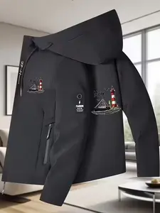 Men's Streetwear Graphic Hooded Jacket, Fall Winter New Premium Zip Pocket Coat, Casual Fashion Outdoor Sports Jacket, Adjustable Drawstring