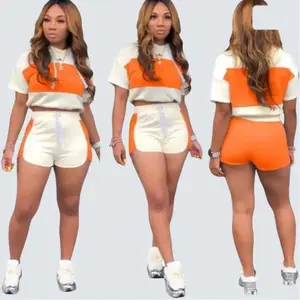 Hoddie Short Set Casual for Women - Orange & White Two-Tone Drawstring Hoodie & Elastic Waist Shorts - Comfortable Everyday Wear in Spandex Material