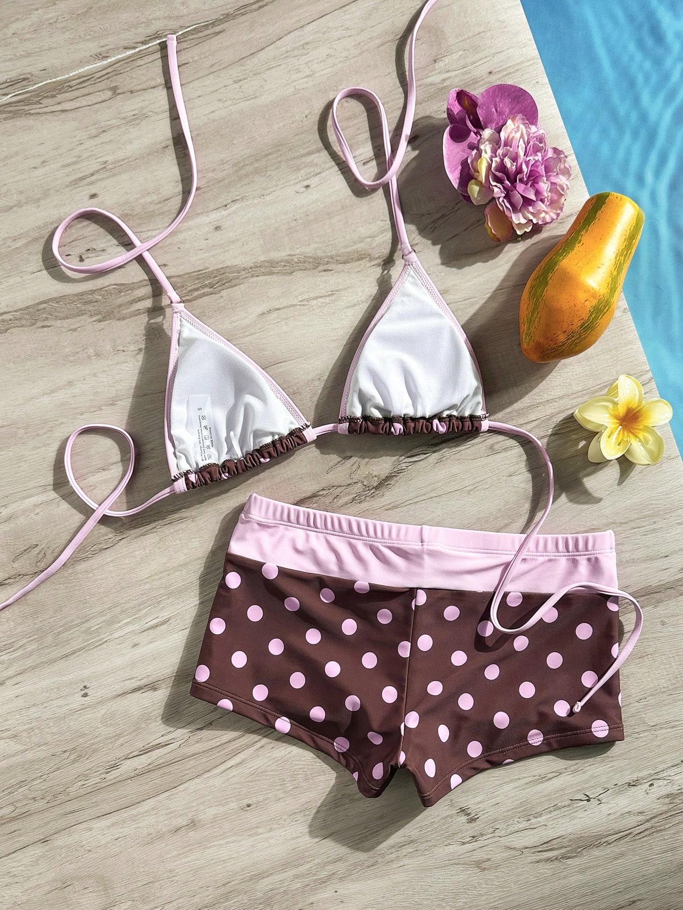 Bikini Set Brown Gingham High Waist Shorts Tropical Beach Vacation