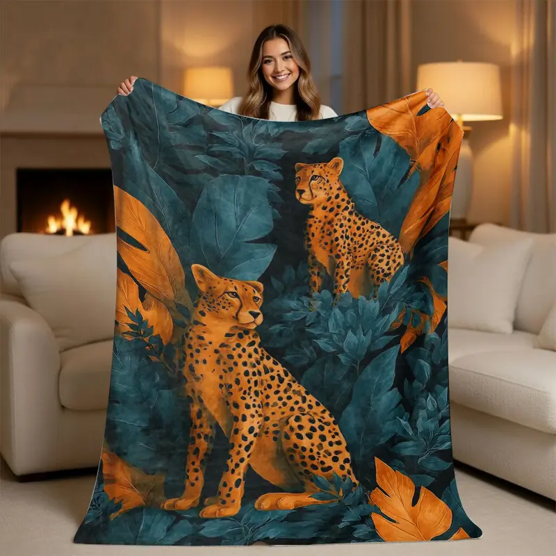 Luxury Aesthetic Cheetah Jungle Throw Blanket - Modern Teal Green Leopard Animal Artwork Fashion Graphic Print, Eclectic Room Decor Cozy Tropical Gift, Animal Artwork Blankets, Fashion Blankets