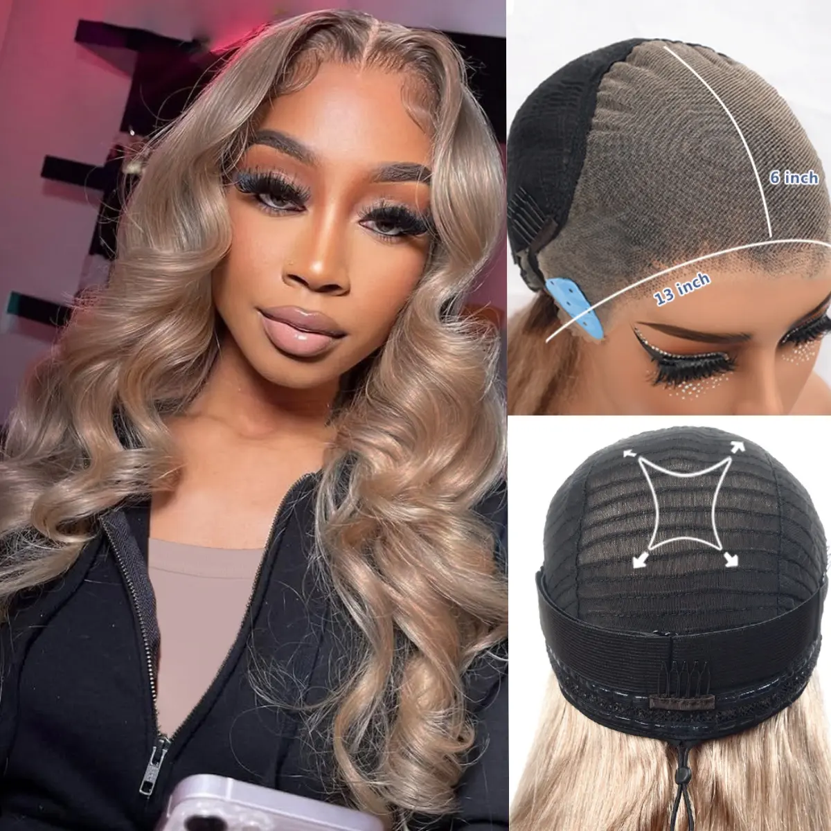 Ombre Narural Brown and Ash Blonde Colored Human Hair Wigs 13x6 Lace Front Body Wave Wigs for Women 13x6 Drawstring Glueless Lace Front Wigs 180 Density