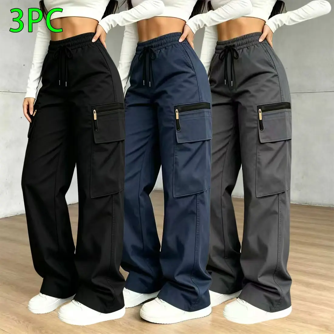 Women’s 1–3-pack cargo pants made from lightweight, soft summer fabric—casual long pants with a drawstring and decorative zipper design (no back pockets), multiple pockets, adjustable waistband (also available in plus-size women’s long pants).