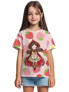 Little Red Riding Hood with Strawberry Bottom Card Digital Printing Summer Fashion Girls' Clothing, 100% Polyester Designed for Energetic Children, Cute Girls' Short-Sleeve T-Shirts, Summer Casual Children's Clothing, Outdoor Sports T-Shirts