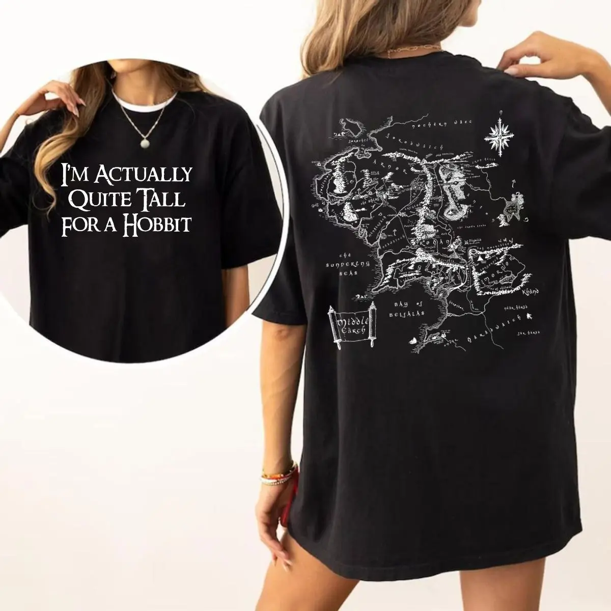 LOTR T-shirt Sweatshirt Hoodie, Lordd Of The Rings Shirt Vintage I'm Actually Quite Tall For A Hobbit Graphic Tee Ver 2 Middle Earth Map, Unisex Sweater Pullover Tee