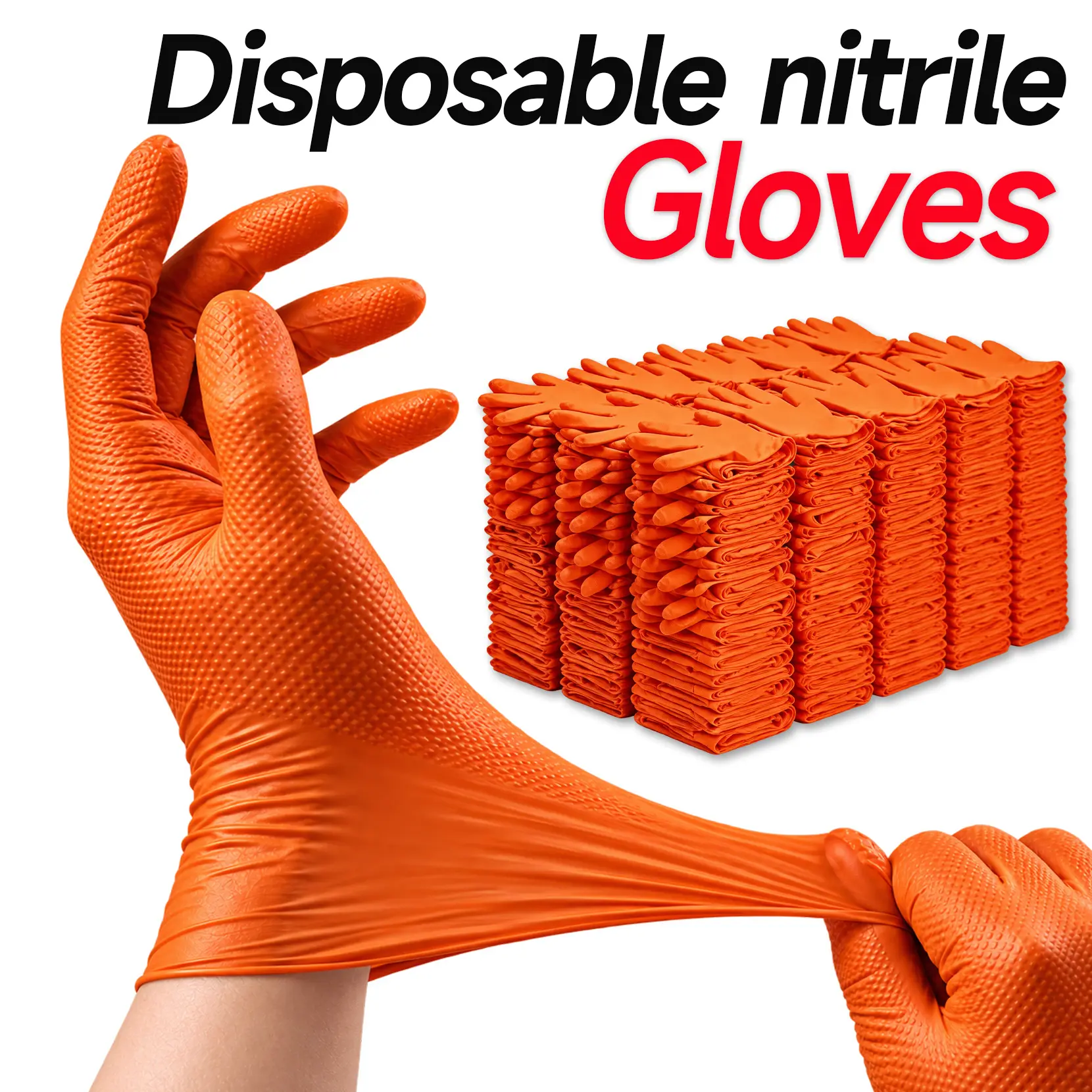 Heavy Duty Industrial Orange Nitrile Gloves, 8-mil, Gloves Disposable Latex Free with Raised Diamond Texture Grip, Powder Free, Rubber Glove, Mechanic Gloves,60/120ct  (M/L/XL)