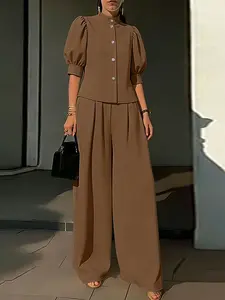 ZANZEA Women's Stand Collar Simple Loose Solid Short Sleeve Cardigan and Pleated Long Pants Set, Two-Piece, Casual Chic Elegance Office Wear