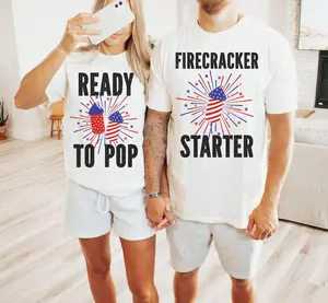 Ready To Pop Pregnancy Announcement 4th of July Couple Matching Shirts, Firecracker Starter Fourth of July TShirts for Pregnant Couples, Expecting Parents Tee