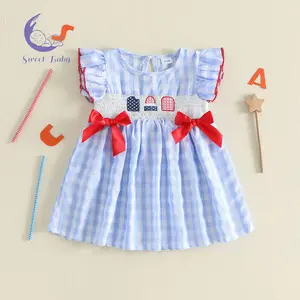Toddler Girls 4th of July Dress Ice Cream/Letter Embroidery Plaid Print Fly Sleeve Crew Neck Summer Dress Patriotic Dress